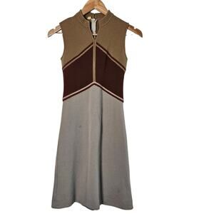 Vintage 70s Dress Womens XSmall Tan Wool Mod Twee ALine Preppy MCM Colorblock